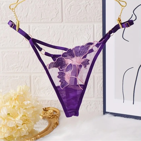 Orchid‎ Embroidered Sheer Mesh Cut Out Adjustable Satin G-String Thong Panty NEW - Picture 12 of 16